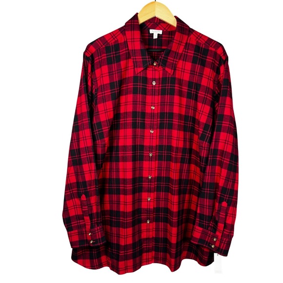 Talbots Womens 3X Red‎ Black Plaid Button Down Top Christmas Party Holidays NEW - Picture 2 of 13